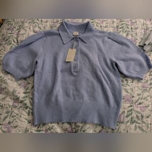 A New Day Light Blue Button Up Knitted Balloon Short Sleeve Collared Top Size M